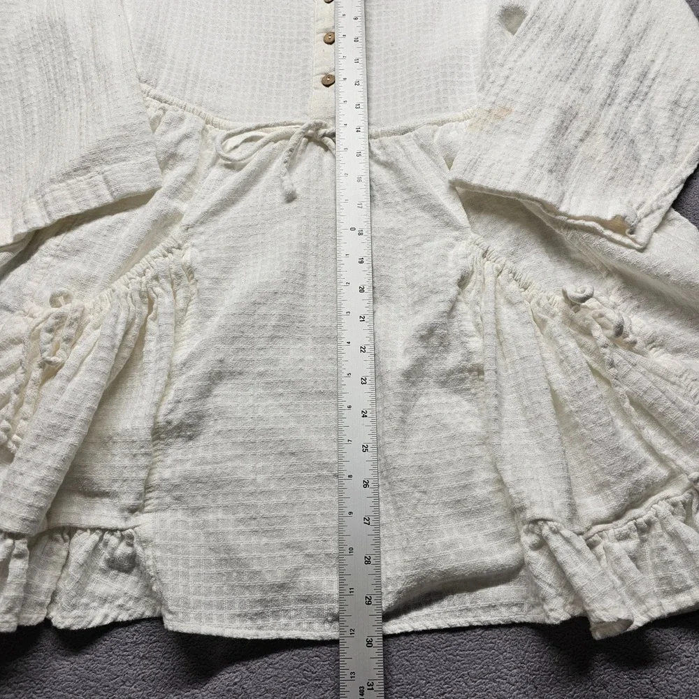 Free People Gauze Tunic Top Womens Size S Ivory Boho Ruffle Pocket Henley Mini